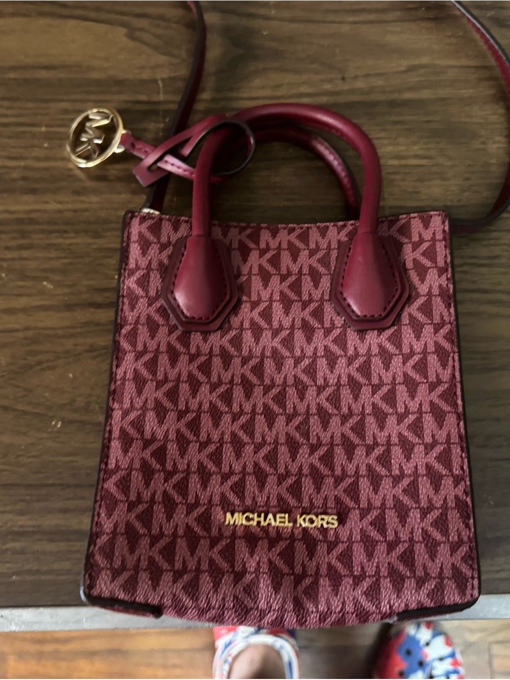 Michael Kors Wine Monogram Mini Tote with Gold Logo Charm